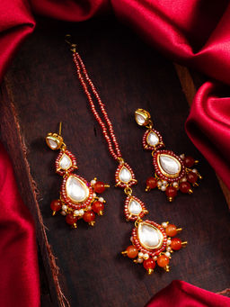 Aadita - Orange Alloy Gold Plated Maangtikka and Pair Of Earrings