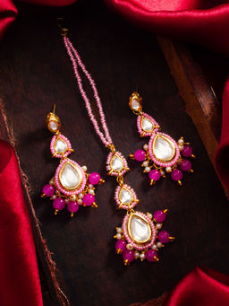 Aadita - Pink Alloy Gold Plated Maangtikka and Pair Of Earrings
