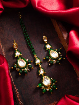 Aadita - Green Alloy Gold Plated Maangtikka and Pair Of Earrings
