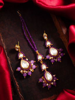 Aadita - Purple Alloy Gold Plated Maangtikka and Pair Of Earrings
