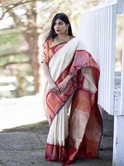 Odette - Off White Silk Blend Woven Saree with Unstitched Blouse
