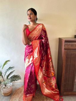 Odette - Deep Wine Silk Blend Woven Saree with Unstitched Blouse