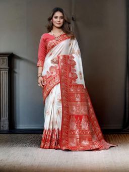 Odette - White Silk Blend Woven Saree with Unstitched Blouse