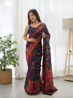 Odette - Navy Blue Silk Blend Printed Saree with Unstitched Blouse
