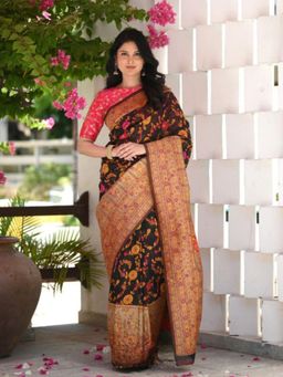 Odette - Black Silk Blend Woven Saree with Unstitched Blouse