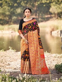Odette - Black Silk Blend Woven Saree with Unstitched Blouse