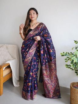 Odette - Navy Blue Silk Blend Saree with Unstitched Blouse