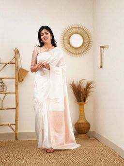 Odette - White Silk Blend Woven Saree with Unstitched Blouse