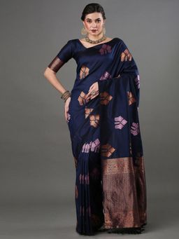 Odette - Navy Blue Silk Blend Woven Saree with Unstitched Blouse