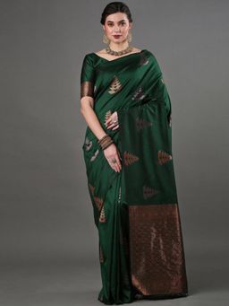Odette - Dark Green Silk Blend Woven Saree with Unstitched Blouse