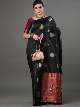 Odette - Black Silk Blend Woven Saree with Unstitched Blouse