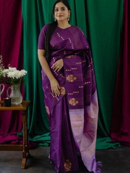 Odette - Dark Purple Silk Blend Saree with Unstitched Blouse