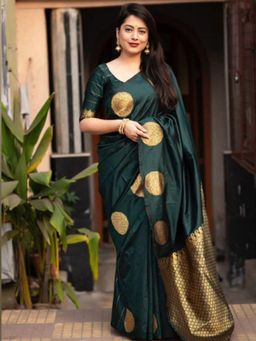 Odette - Dark Green Silk Blend Woven Saree with Unstitched Blouse