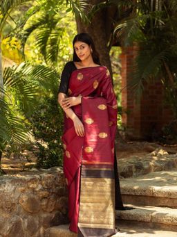 Odette - Maroon Silk Blend Woven Saree with Unstitched Blouse