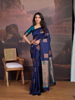 Odette - Navy Blue Silk Blend Woven Saree with Unstitched Blouse