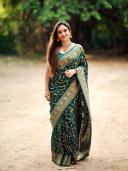 Odette - Dark Green Silk Blend Woven Saree with Unstitched Blouse