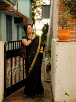 Odette - Black Silk Blend Woven Saree with Unstitched Blouse