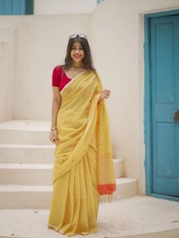 Odette - Yellow Cotton Blend Woven Saree with Unstitched Blouse