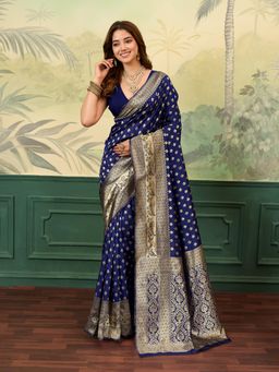 BFM - Blue Poly Silk Jacquard Design Saree with Unstitched Blouse