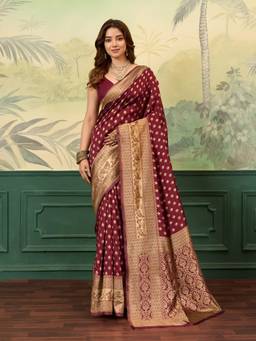 BFM - Maroon Poly Silk Jacquard Design Saree with Unstitched Blouse