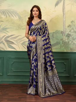 BFM - Blue Poly Silk Jacquard Design Saree with Unstitched Blouse