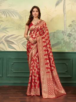 BFM - Red Poly Silk Jacquard Design Saree with Unstitched Blouse