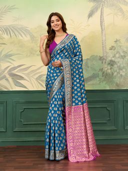 BFM - Blue Poly Silk Jacquard Design Saree with Unstitched Blouse