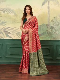 BFM - Red Poly Silk Jacquard Design Saree with Unstitched Blouse