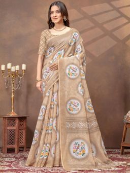 Odette - Beige Cotton Blend Printed Saree with Unstitched Blouse