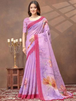 Odette - Lavender Cotton Blend Printed Saree with Unstitched Blouse
