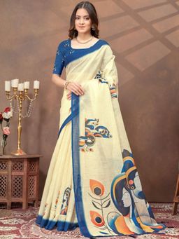 Odette - Off White Cotton Blend Printed Saree with Unstitched Blouse