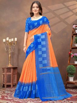 Odette - Orange Cotton Blend Printed Saree with Unstitched Blouse