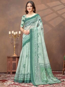 Odette - Light Green Cotton Blend Printed Saree with Unstitched Blouse