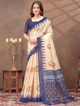 Odette - Beige Cotton Blend Printed Saree with Unstitched Blouse