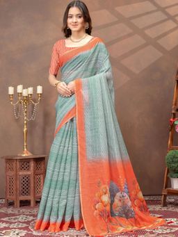 Odette - Light Teal Cotton Blend Printed Saree with Unstitched Blouse