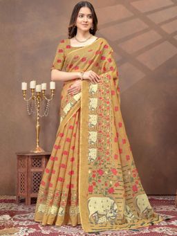 Odette - Beige Cotton Blend Printed Saree with Unstitched Blouse