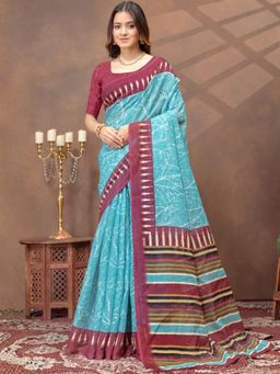 Odette - Sky Blue Cotton Blend Printed Saree with Unstitched Blouse