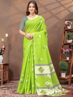 Odette - Light Green Cotton Blend Printed Saree with Unstitched Blouse