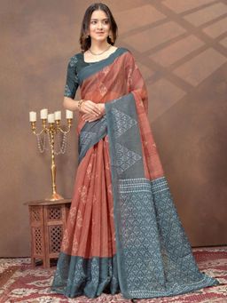 Odette - Brown Cotton Blend Printed Saree with Unstitched Blouse