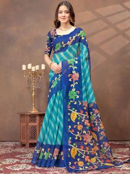 Odette - Light Blue Cotton Blend Printed Saree with Unstitched Blouse