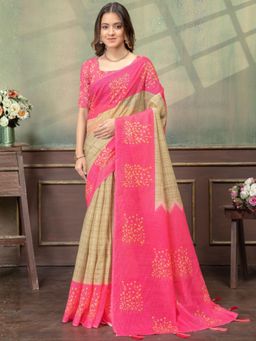 Odette - Beige Cotton Blend Printed Saree with Unstitched Blouse