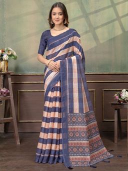 Odette - Blue And Peach Cotton Blend Printed Saree with Unstitched Blouse