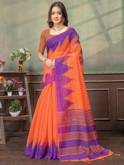 Odette - Orange And Purple Cotton Blend Woven Saree with Unstitched Blouse