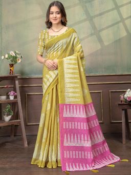 Odette - Mustard Yellow Cotton Blend Printed Saree with Unstitched Blouse