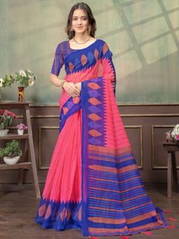 Odette - Pink And Dark Blue Cotton Blend Printed Saree with Unstitched Blouse