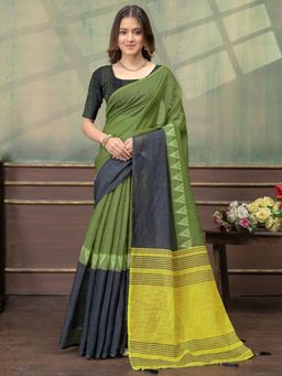 Odette - Dark Green Cotton Blend Woven Saree with Unstitched Blouse