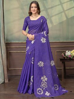 Odette - Purple Cotton Blend Floral Print Saree with Unstitched Blouse