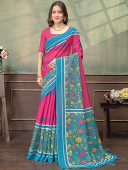 Odette - Pink And Sky Blue Cotton Blend Printed Saree with Unstitched Blouse