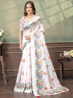 Odette - White Cotton Blend Printed Saree with Unstitched Blouse