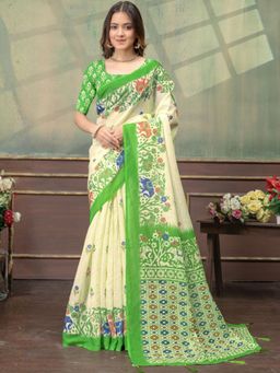 Odette - Green Cotton Blend Printed Saree with Unstitched Blouse